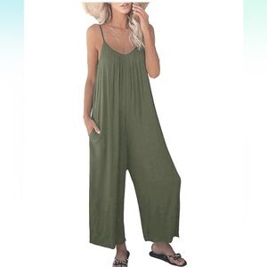 Olive Green Washed Linen Overalls Jumpsuit Medium